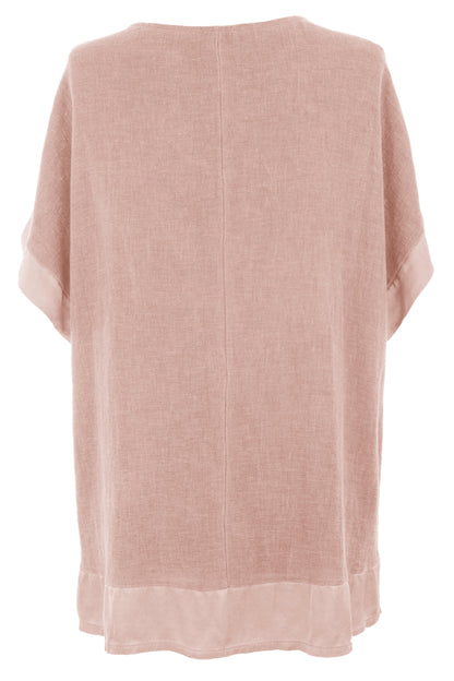 Satin Trim V Neck Teabag Linen Blouse