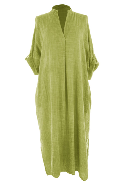 V Neck 2 Pocket Cotton Midi