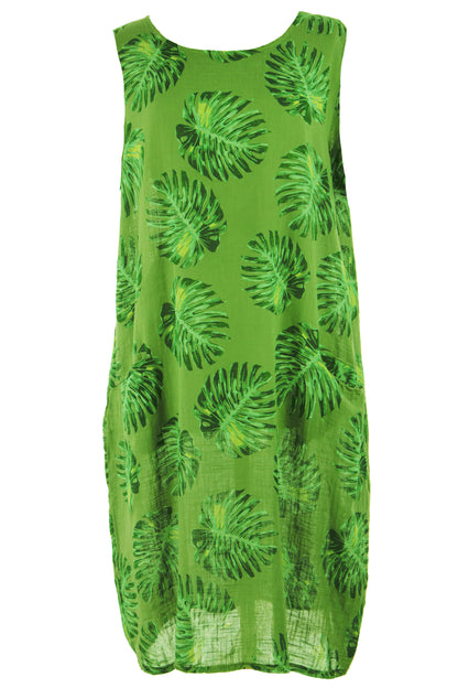 Sleeveless 2 Pocket Palm Print Dress