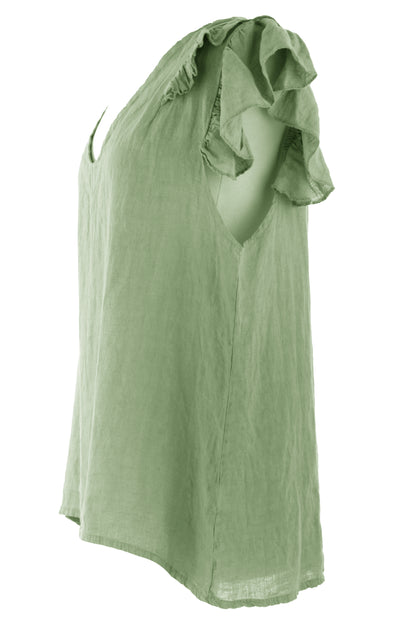 Frill Shoulder V Neck Linen Top