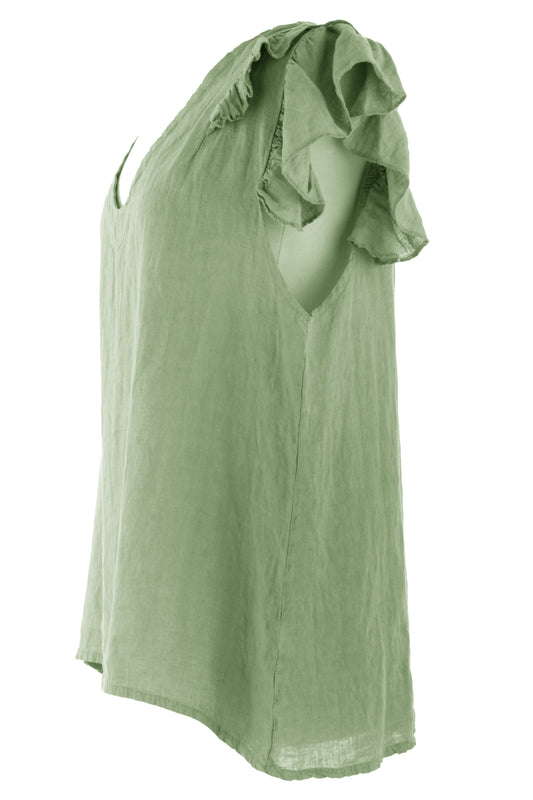 Frill Shoulder V Neck Linen Top