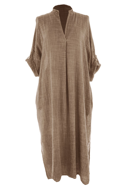 V Neck 2 Pocket Cotton Midi