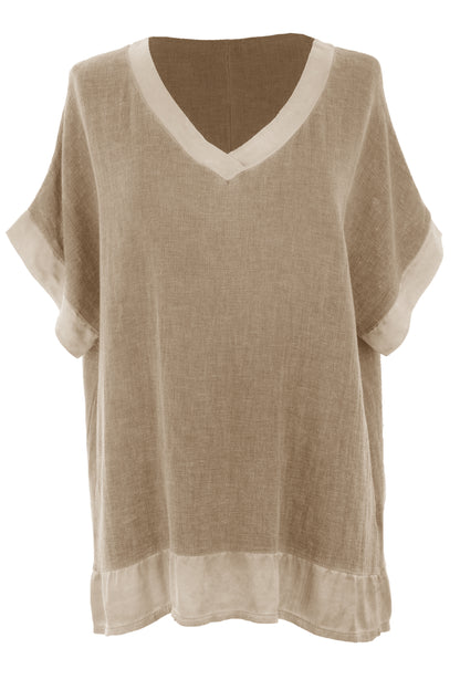 Satin Trim V Neck Teabag Linen Blouse