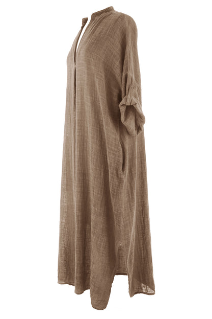 V Neck 2 Pocket Cotton Midi