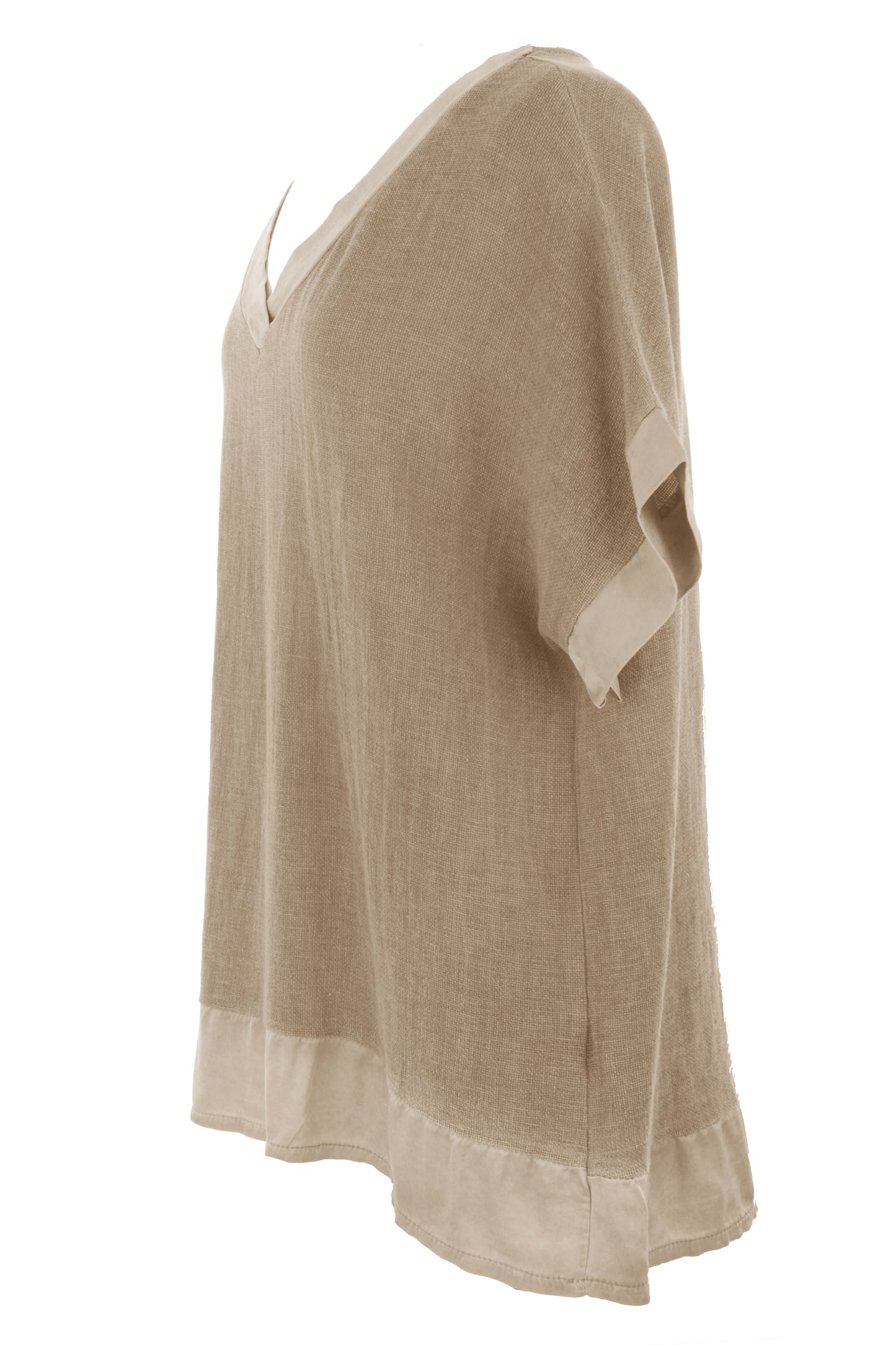 Satin Trim V Neck Teabag Linen Blouse