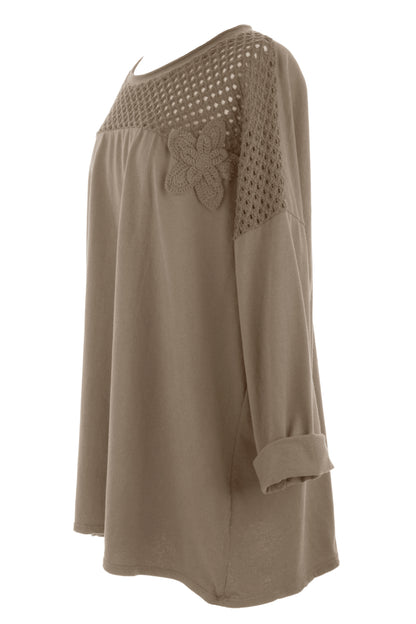 Flower Applique Crochet Jersey Top