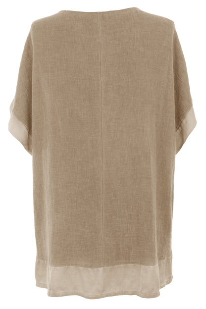 Satin Trim V Neck Teabag Linen Blouse