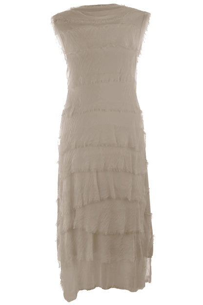Sleeveless Frayed Detail Silk Midi