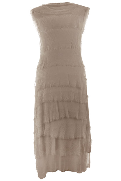 Sleeveless Frayed Detail Silk Midi