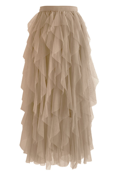 Ruffle Tulle Midi Skirt