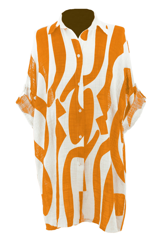 Abstract Print Longline Linen Shirt