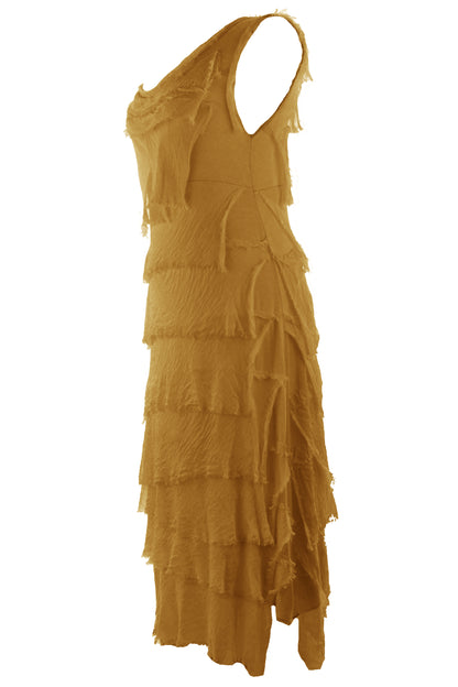 Sleeveless Frayed Detail Silk Midi