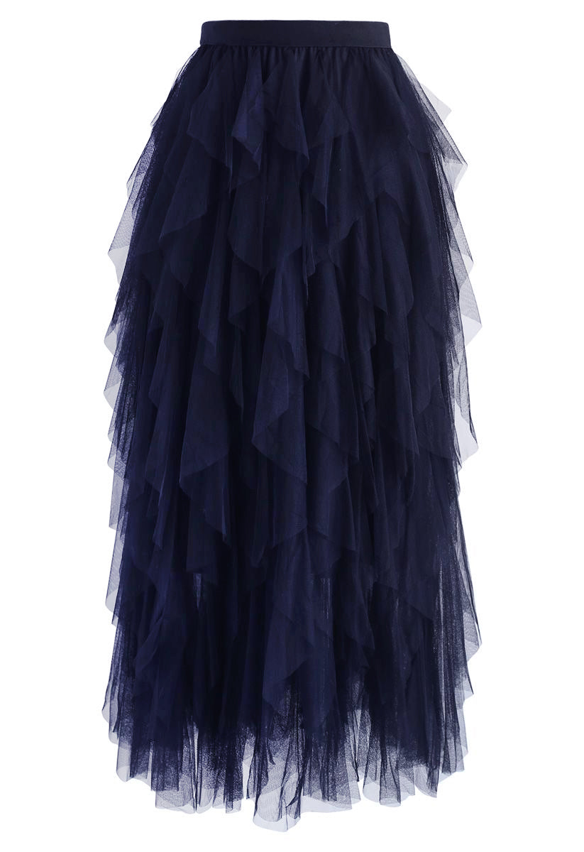 Ruffle Tulle Midi Skirt