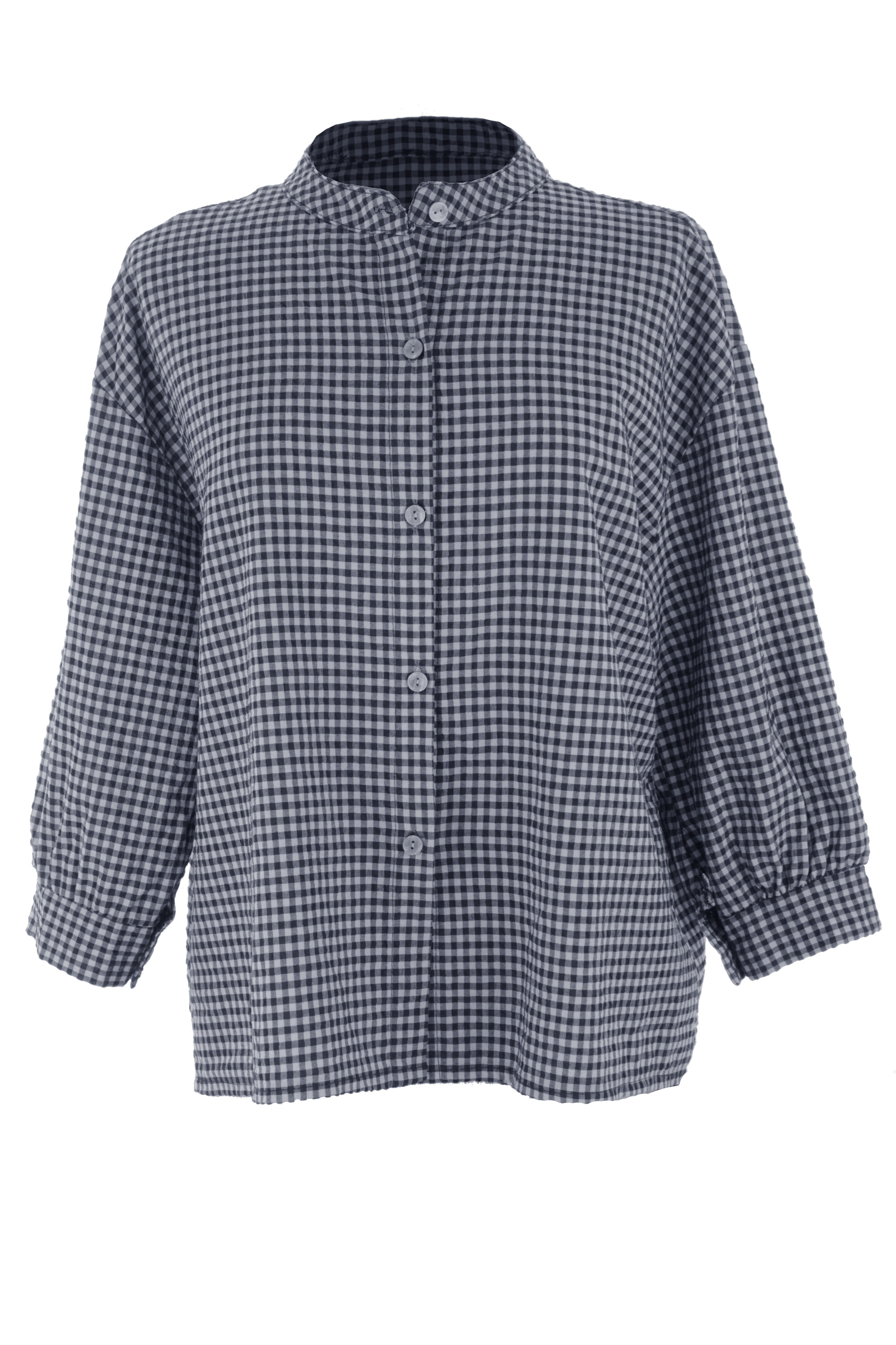 Ladies Women Italian Lagenlook Band Collar Button Front Gingham