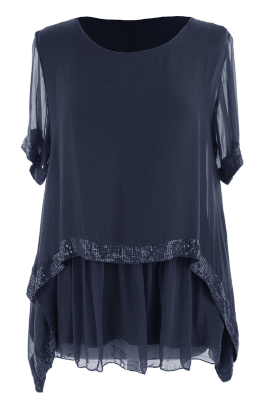 Sequin Trim Layered Hem Silk Blouse