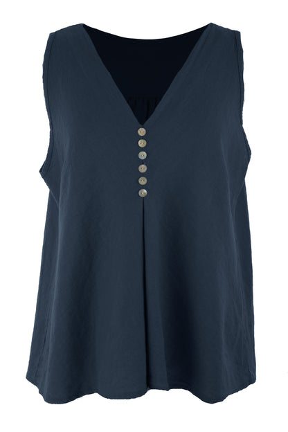 Sleeveless V Neck Button Detail Linen Top