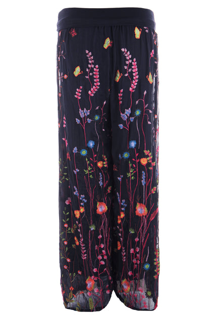 Floral Embroidery Silk Trouser