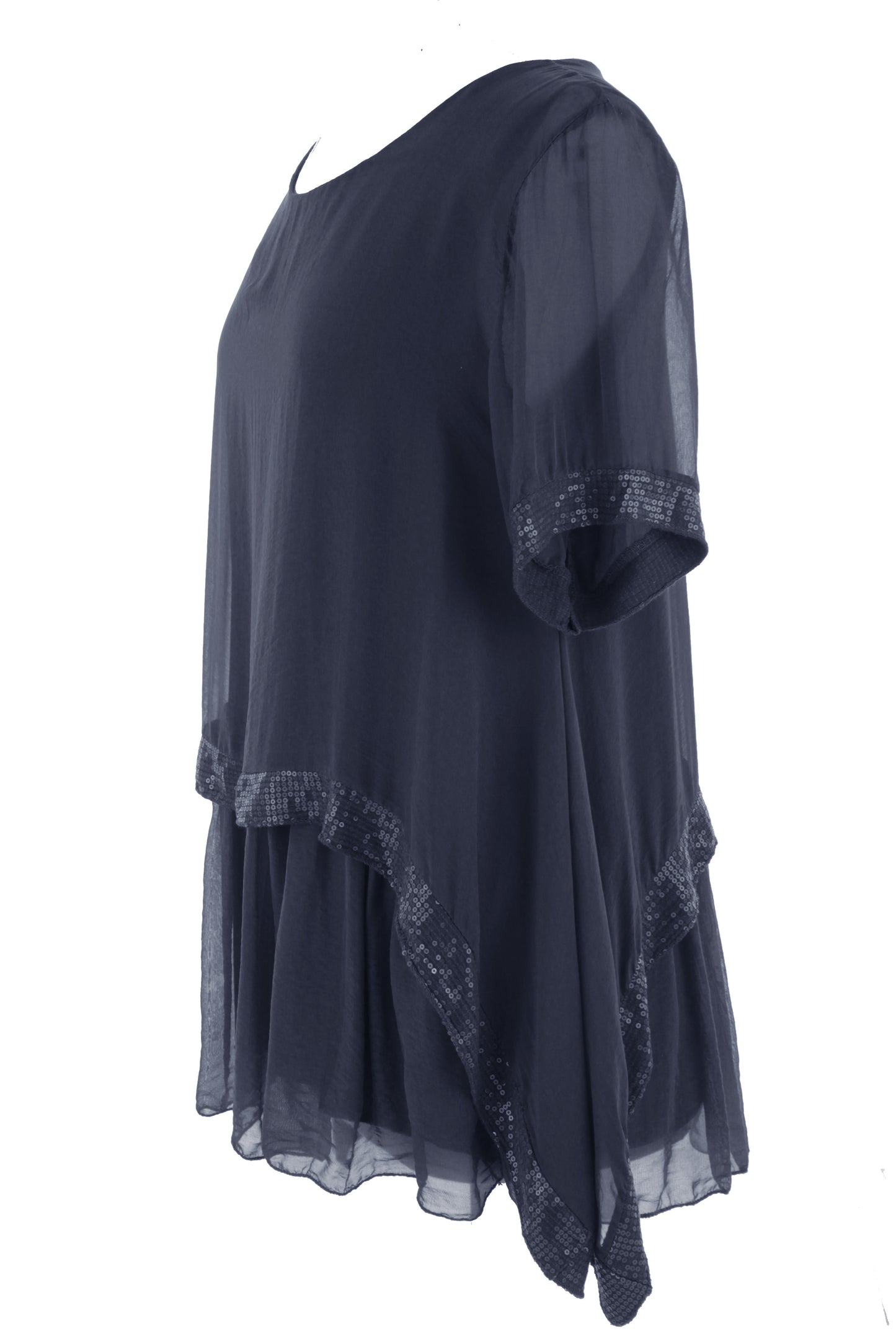 Sequin Trim Layered Hem Silk Blouse