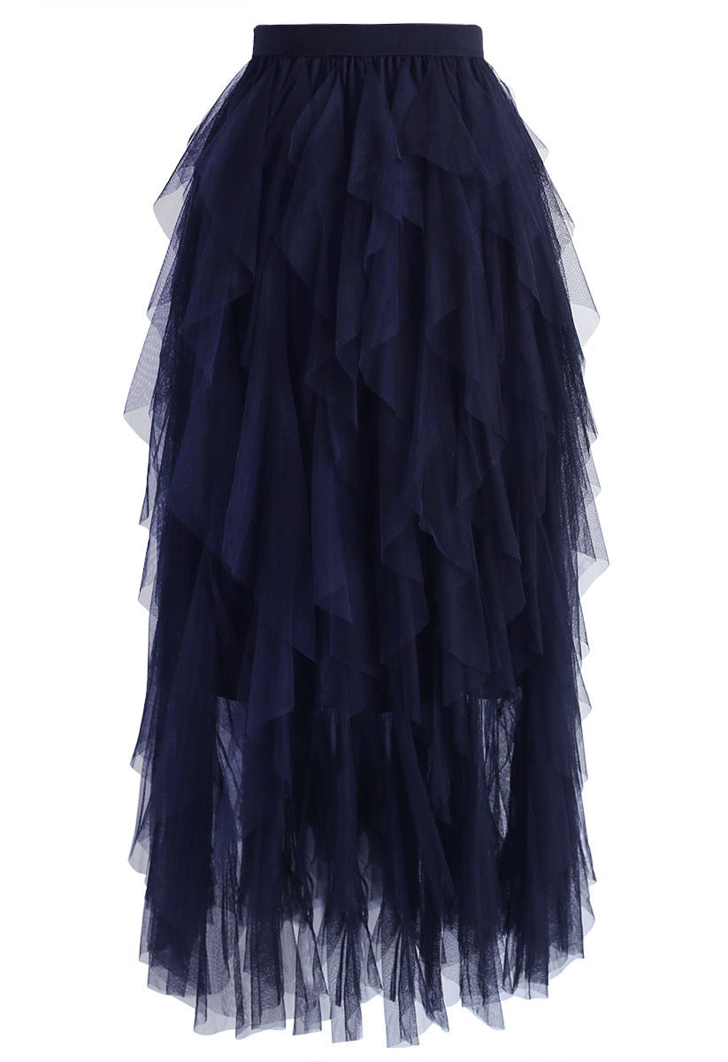Ruffle Tulle Midi Skirt