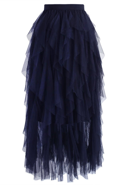 Ruffle Tulle Midi Skirt