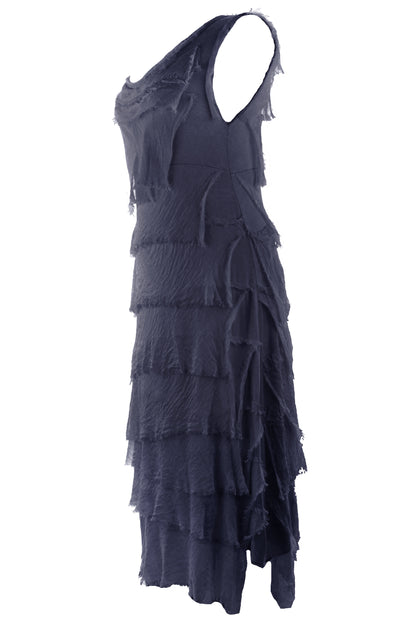 Sleeveless Frayed Detail Silk Midi