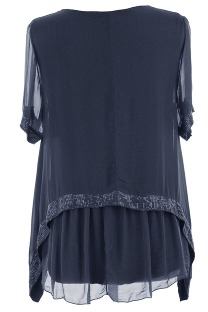 Sequin Trim Layered Hem Silk Blouse
