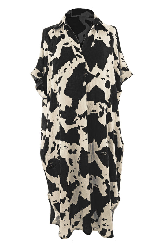 Batwing Collar Splash Print Midi