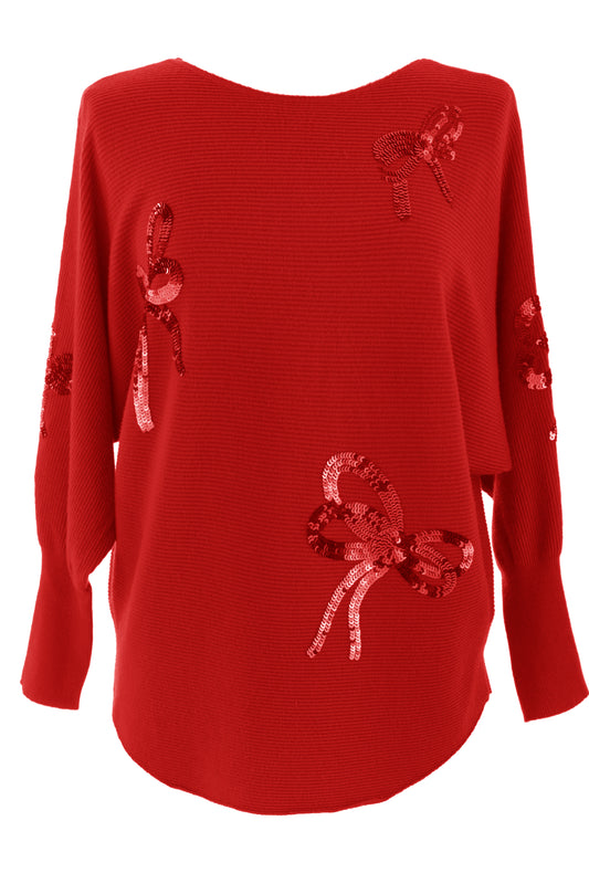 Sequin Bows Ribbed Knit Jumper