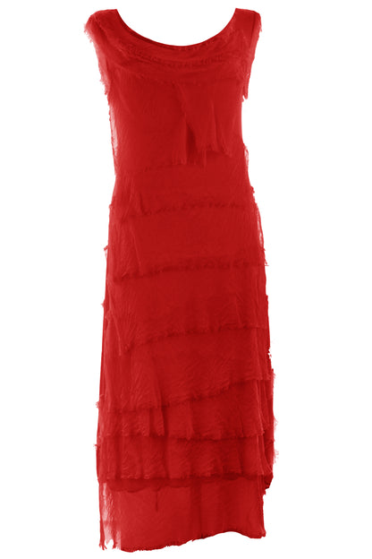 Sleeveless Frayed Detail Silk Midi