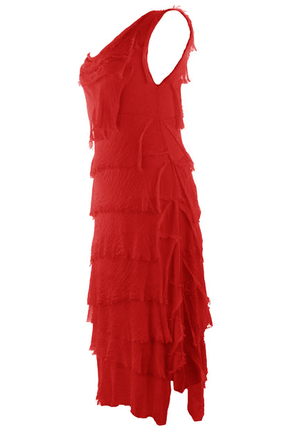 Sleeveless Frayed Detail Silk Midi