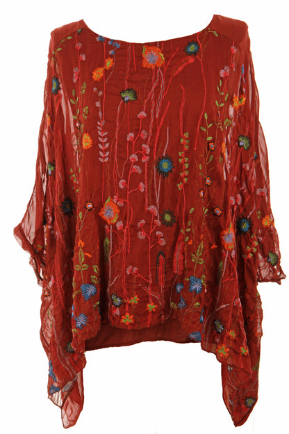 Floral Embroidery Silk Blouse