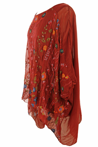 Floral Embroidery Silk Blouse