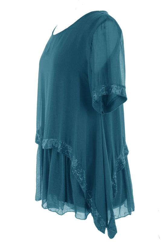 Sequin Trim Layered Hem Silk Blouse