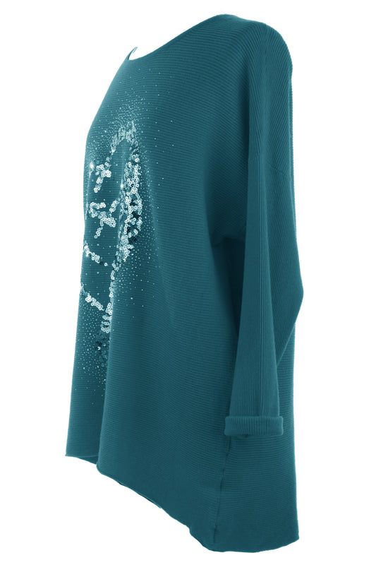 Double Sequin Heart Ribbed Jumper