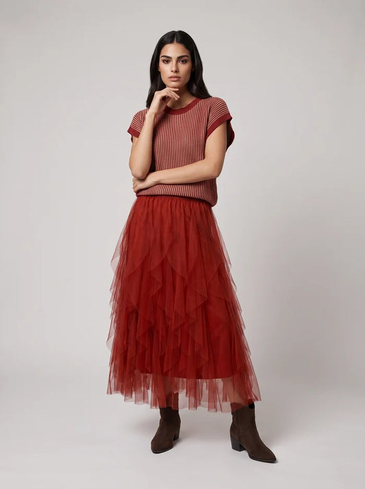 Ruffle Tulle Midi Skirt