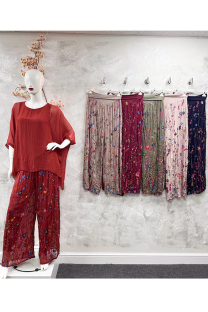 Floral Embroidery Silk Trouser