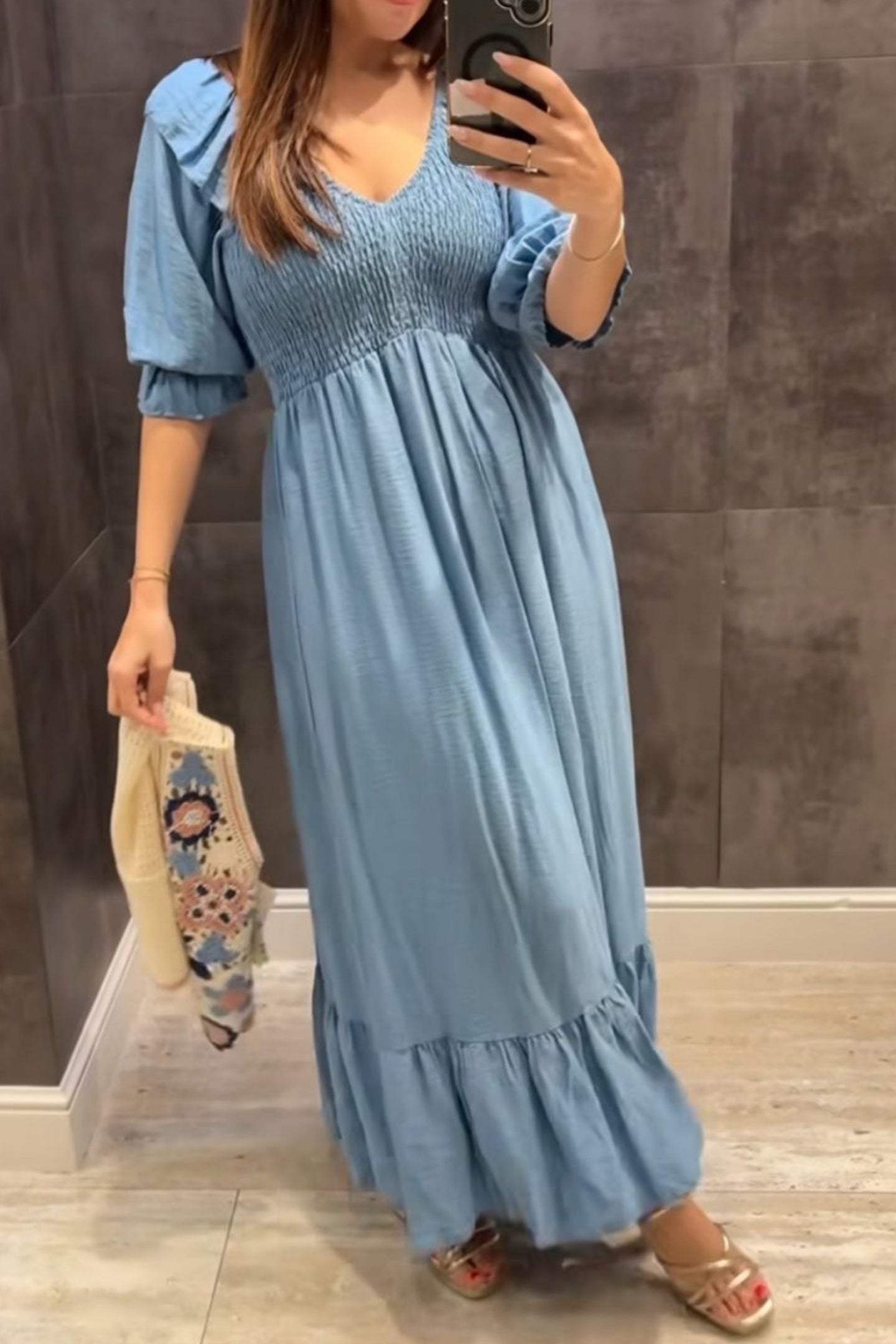 V Neck Smocked Maxi