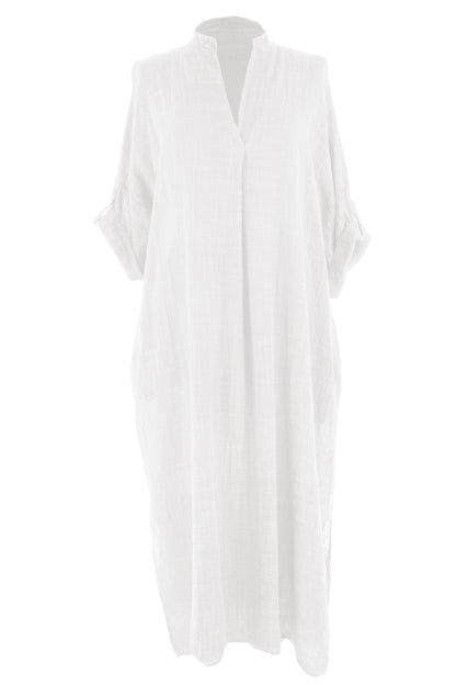 V Neck 2 Pocket Cotton Midi