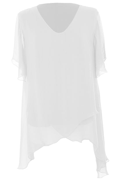 V Neck Crossover Hem Silk Blouse