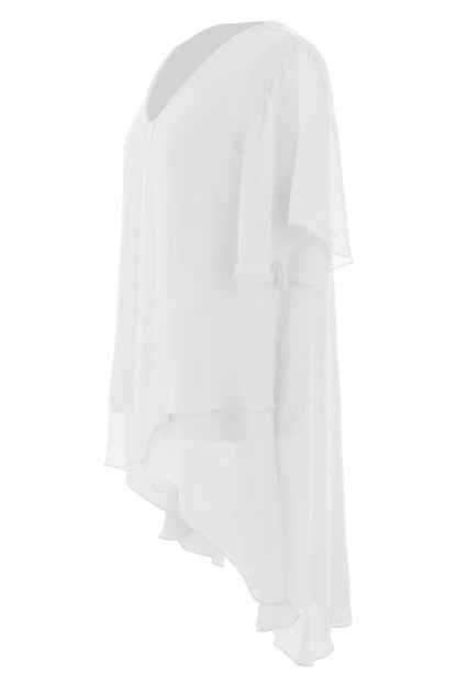 V Neck Crossover Hem Silk Blouse