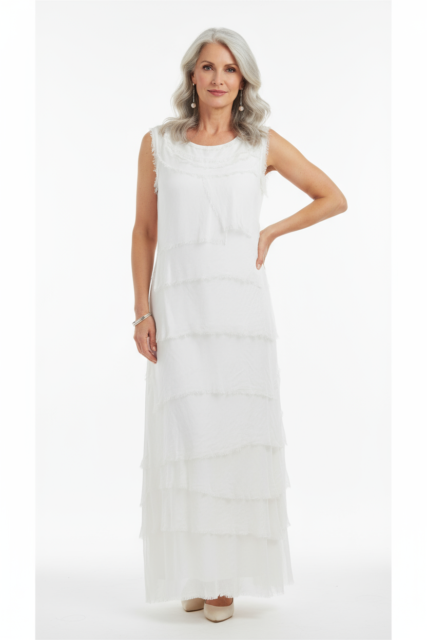 Sleeveless Frayed Detail Silk Midi