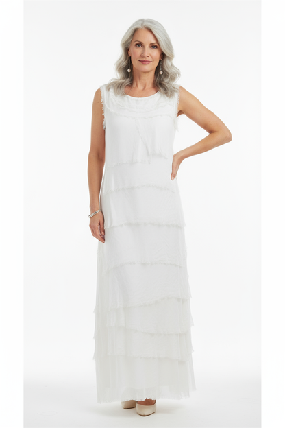 Sleeveless Frayed Detail Silk Midi