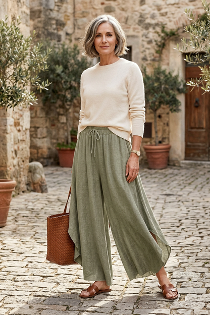 Side Slit Wide Leg Teabag Linen Trouser