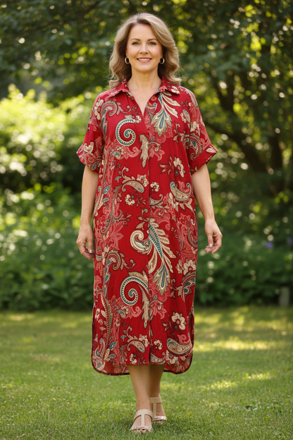 Batwing Collar Paisley Print Midi