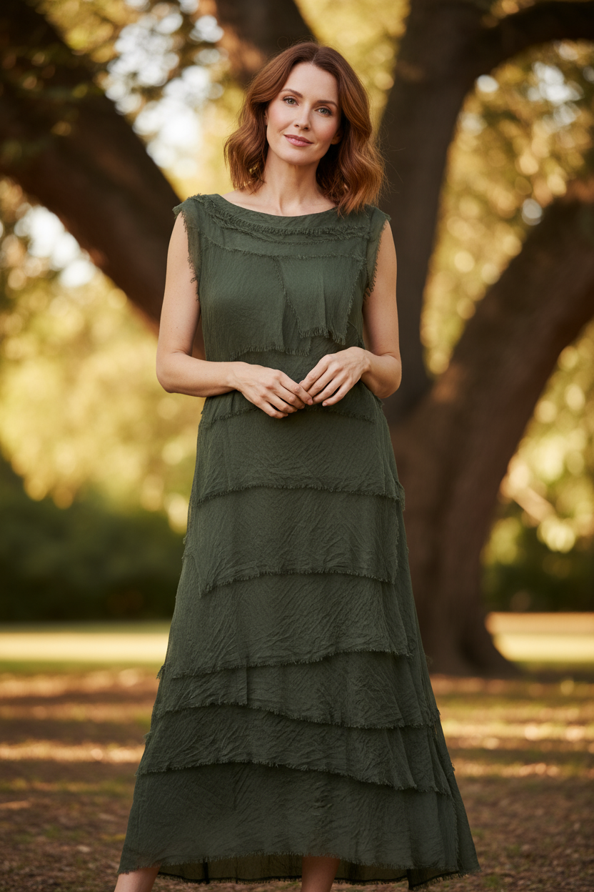 Sleeveless Frayed Detail Silk Midi