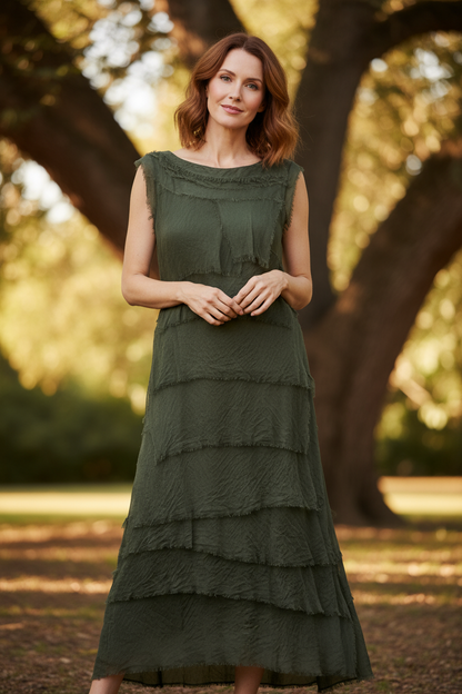 Sleeveless Frayed Detail Silk Midi