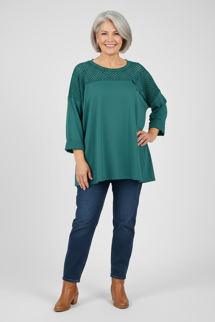 Flower Applique Crochet Jersey Top