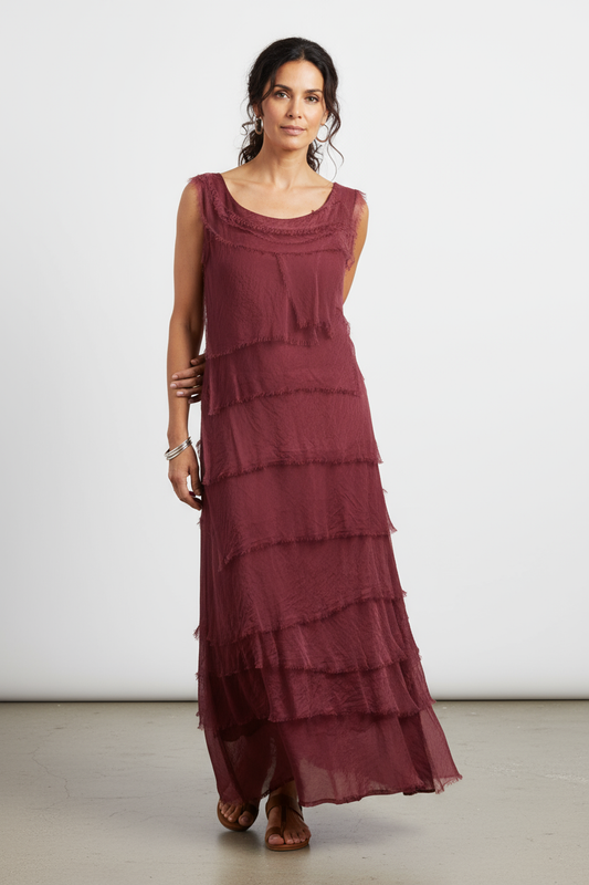 Sleeveless Frayed Detail Silk Midi