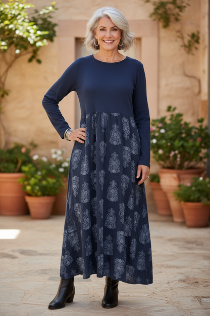 2 Pocket Mandala Print Midi Dress