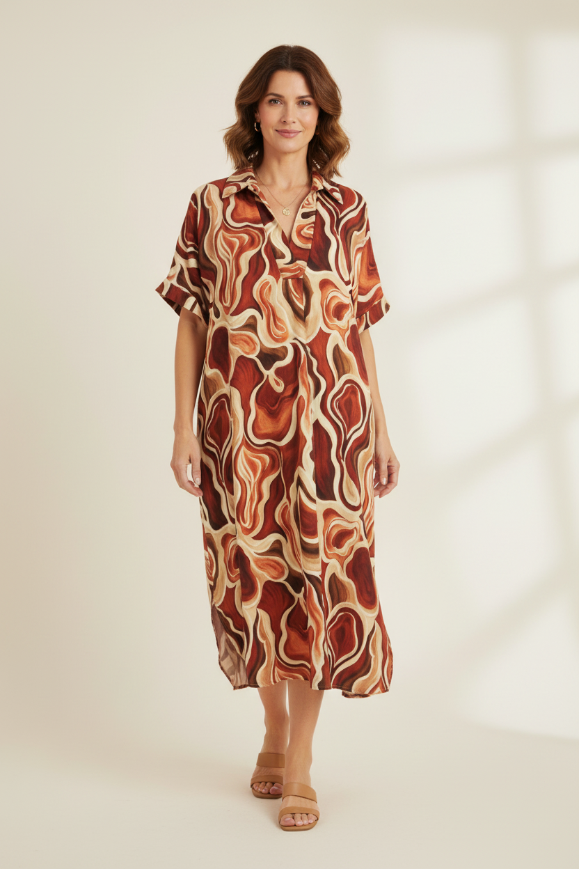 Batwing Collar Abstract Print Midi